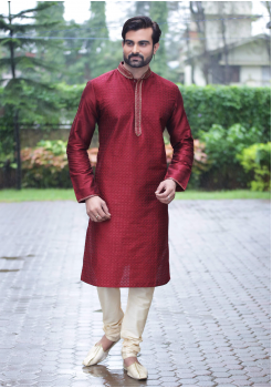 Red Color Dupion And Art Silk Fabric Kurta Set